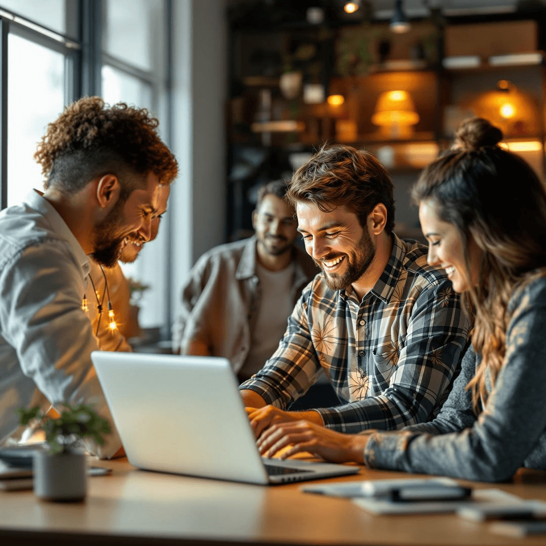 A small team collaborating around a laptop